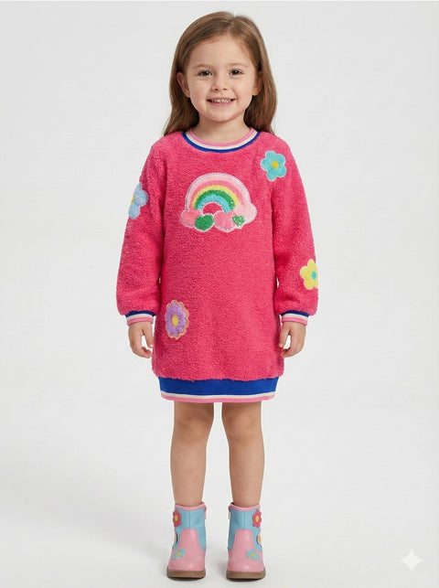 L/S Sherpa Dress w/ Rainbow and Flower Patch Detail