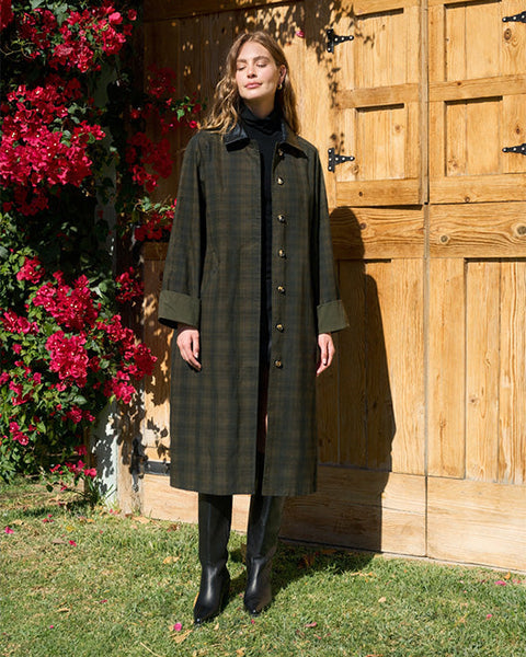 Contrast Faux Leather Collar Plaid Coat