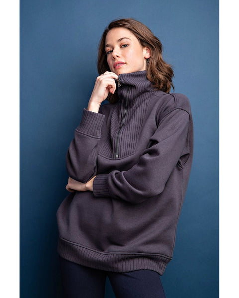 French Terry Ribbed Contrast Quarter Zip Up