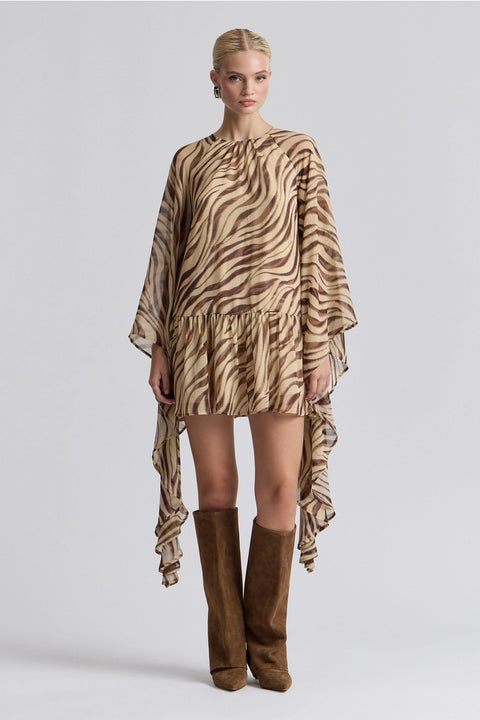 Waterfall Sleeve Zebra Print Crinkle Georgette Mini Dress