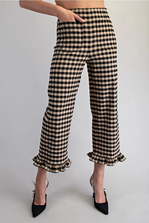 Gingham Ruffle Trim Straight Leg Pants