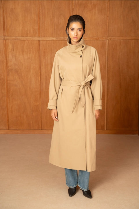 Utility Oversized Long Belted Trench with Stand-Up Collar