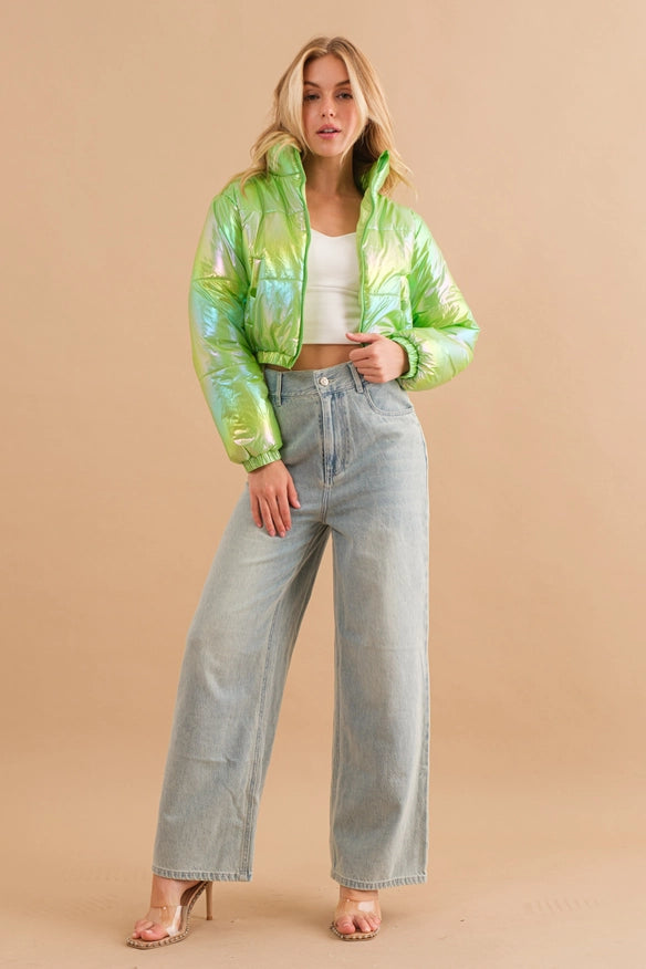 Windbreaker Metallic Puffer Crop Zip Up Jacket Lime-Jacket-Blue B-S-Urbanheer
