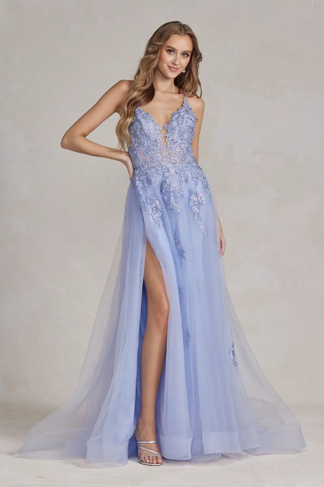 Embroidered Plunging V-Neck Prom Gown-Clothing - Women-Nox Anabel-Urbanheer