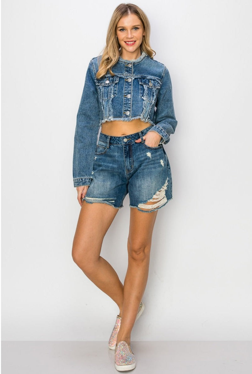 Distressed Frayed Cropped Denim Jacket-Clothing Women Jackets-Vocal-Black-S-Urbanheer