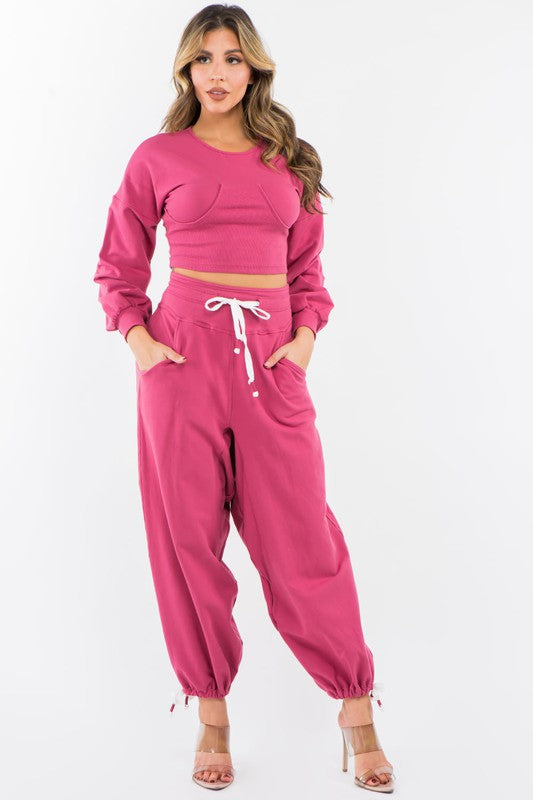 High Waisted Baggy French Terry Pants Magenta-Pants-LABIJOU-S-Urbanheer