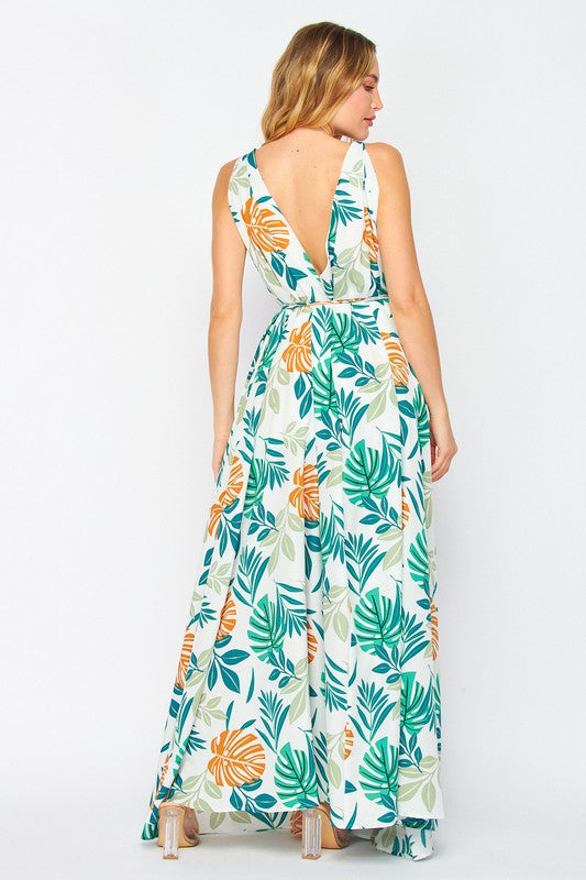 Print Sleeveless V Neck Wrap Maxi Dress-Dress-Pink Irene Wholesale-S-Urbanheer