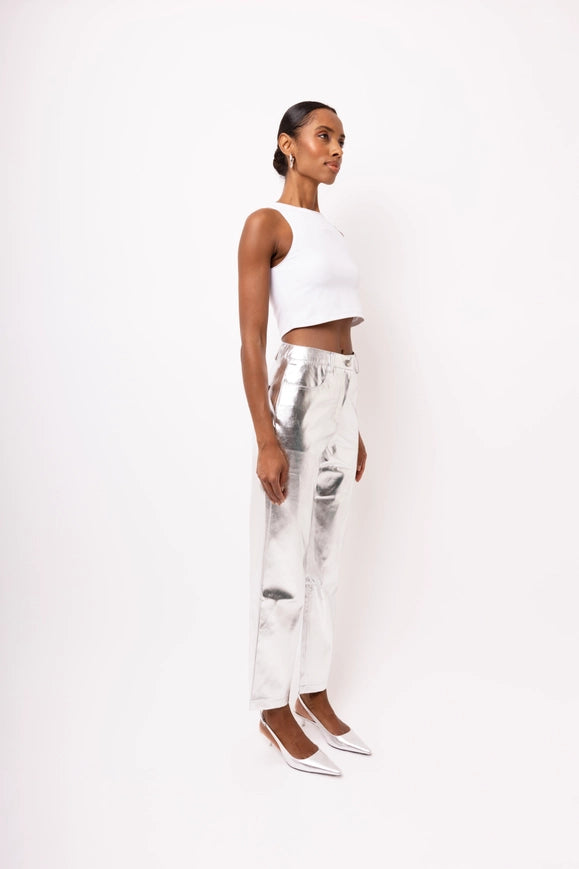 Lupe Straight Faux Leather Metallic Pants Silver-Pants-Amy Lynn-S-Urbanheer