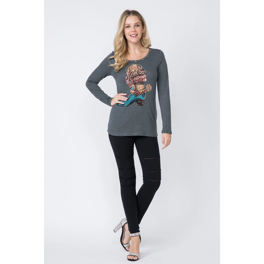 Western Style Long Sleeve Top with Eyelet Trim Grey-Top-Vocal-S-Urbanheer