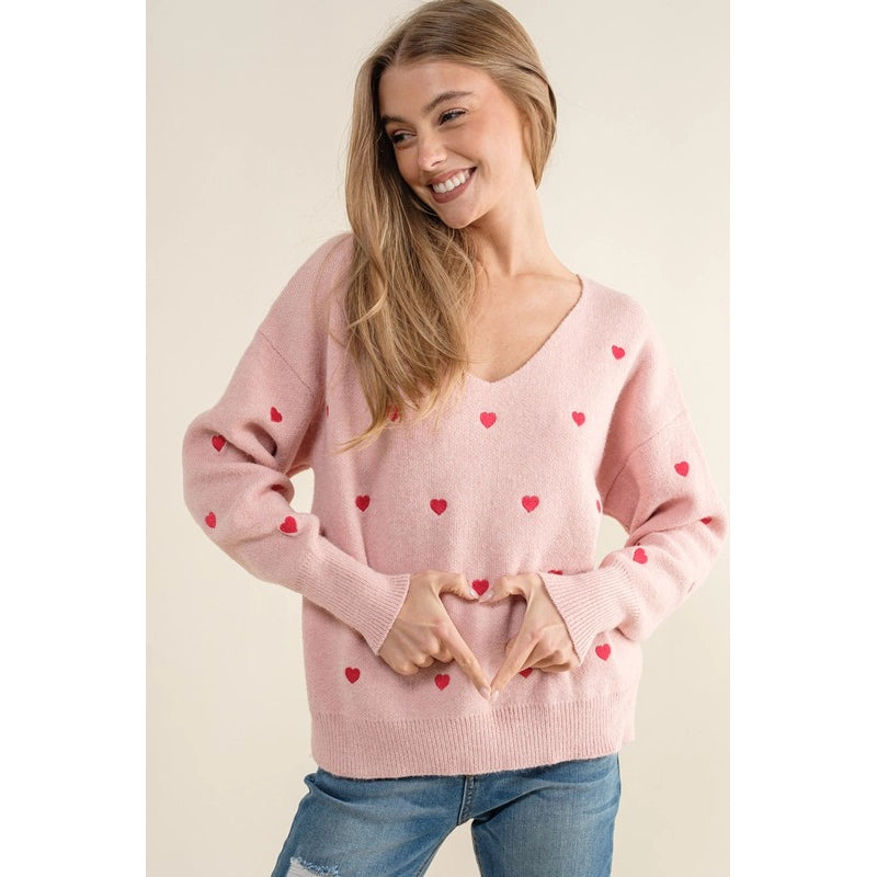 Plus Size Heart Pattern Boxy Knit Pullover Sweater Pink-SWEATER-Pink Irene Wholesale-1X/2X-Urbanheer