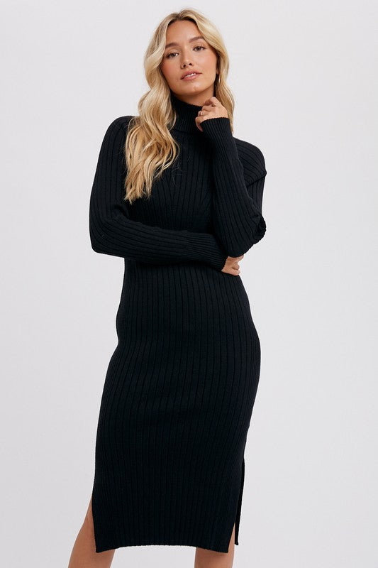 Turtleneck Ribbed Sweater Midi Dress Black-Dress-Pink Irene Wholesale-S-Urbanheer