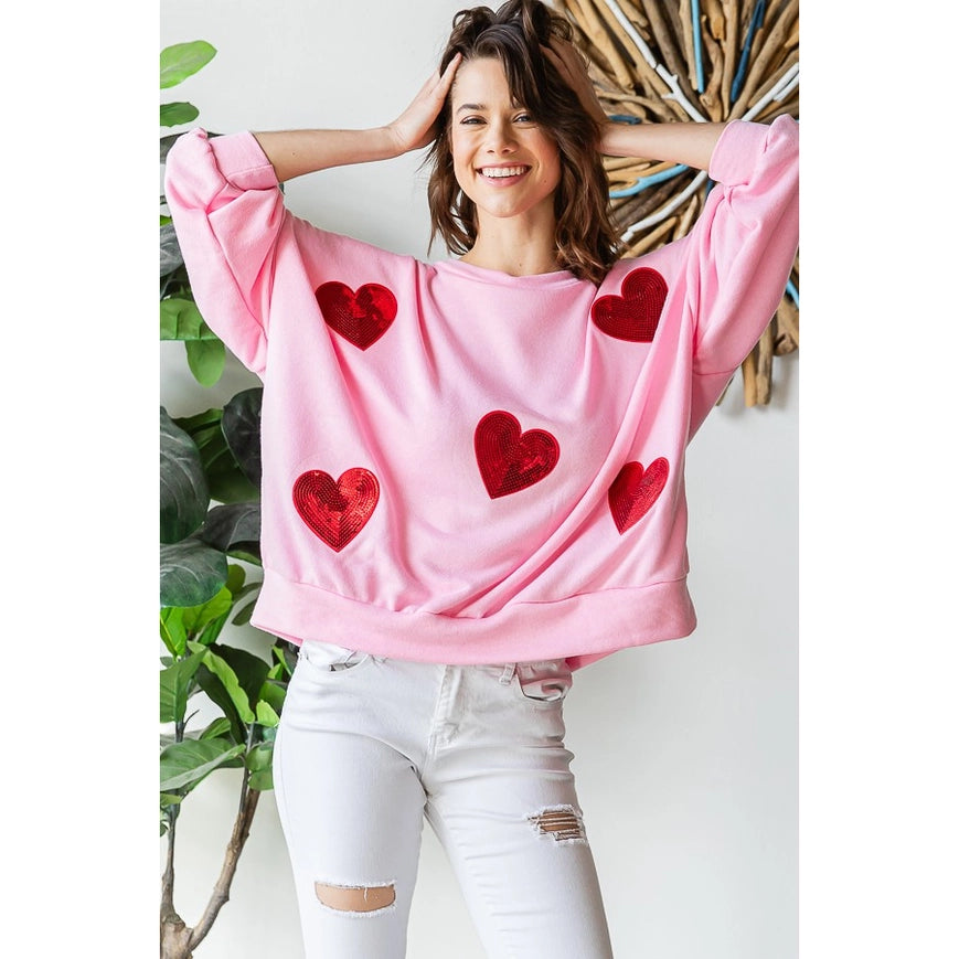 Sequined Heart Patch Sweatshirt-Sweatshirt-Peace Love Line-S-H GREY/PINK HEARTS-Urbanheer