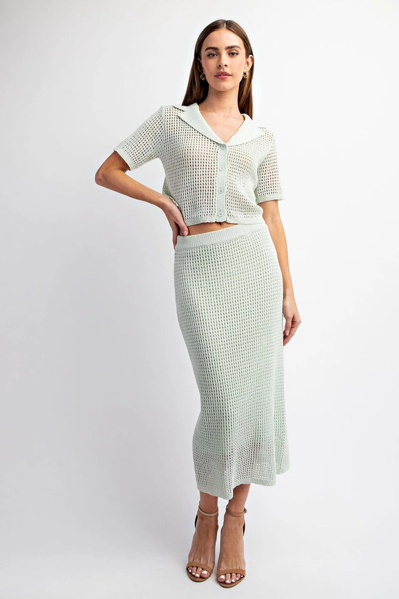 Short Sleeve Open Knit Collared Sweater Top Seafoam-Top-EDIT by NINE-S-Urbanheer