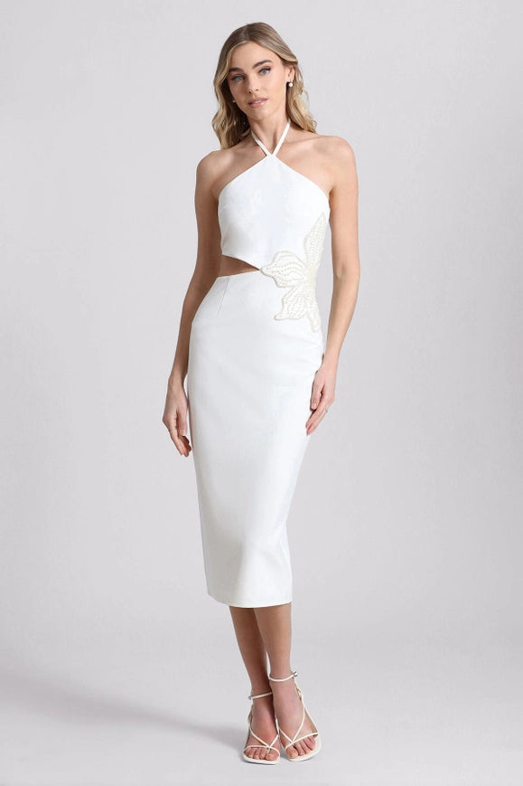 Flower Embellished Cut-Out Halter Dress White/White Flower-Dress-Avec Les Filles-4-Urbanheer