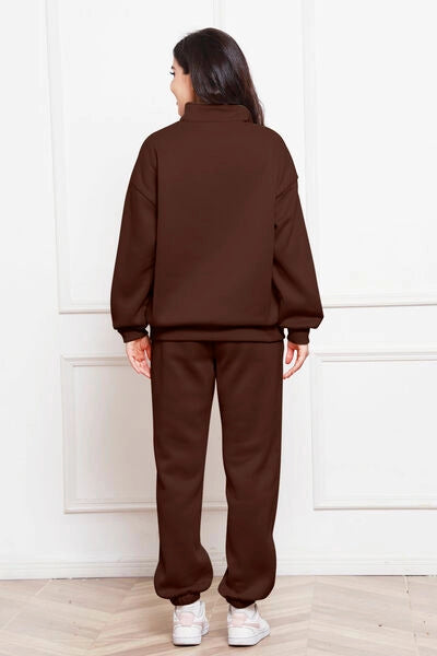 Half Zip Long Sleeve Sweatshirt and Pants Set Chocolate-Sets-Blak Wardrob-Urbanheer
