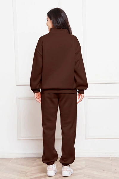 Half Zip Long Sleeve Sweatshirt and Pants Set Chocolate-Sets-Blak Wardrob-S-Urbanheer