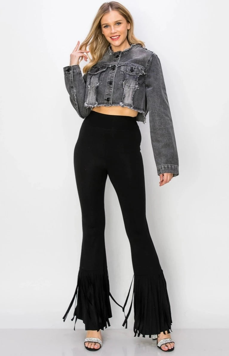 Distressed Frayed Cropped Denim Jacket - Black-Clothing Women Jackets-Vocal-Black-S-Urbanheer