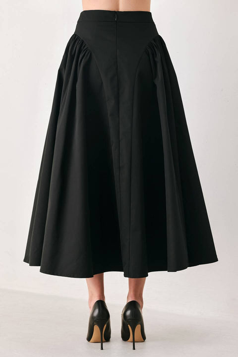 A Solid Woven Midi Skirt - Black