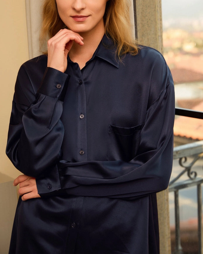 Classic Silk Nightshirt Navy Blue-Nightshirt-MommeSilk-XS-Urbanheer