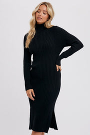 Turtleneck Ribbed Sweater Midi Dress Black-Dress-Pink Irene Wholesale-S-Urbanheer