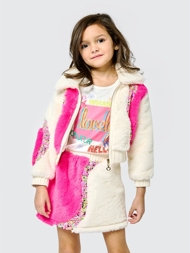 2-TONE Faux Fur Bomber Jacket w/ Sequin Detail-Jacket-Hannah Banana-12M-IVORY MULT-Urbanheer