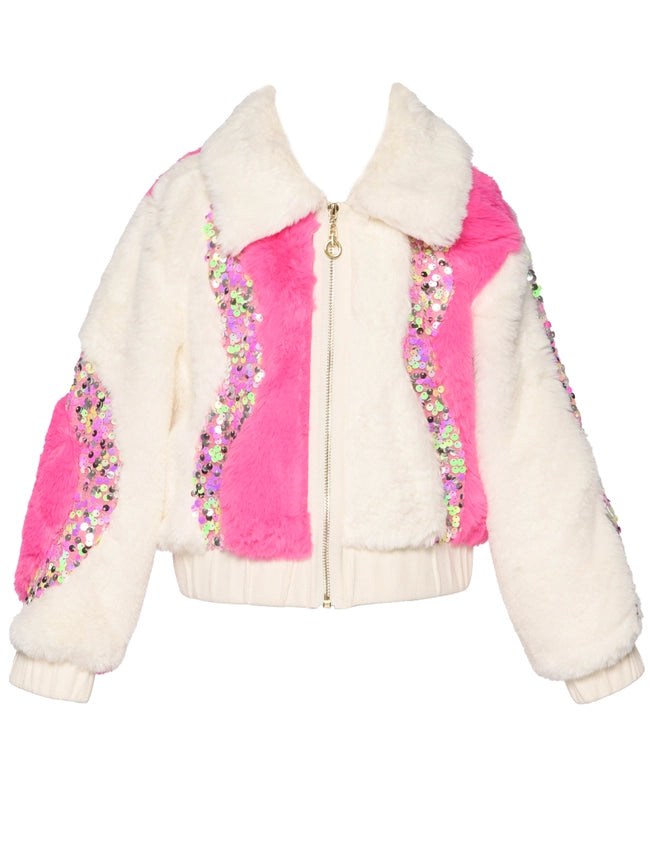 2-TONE Faux Fur Bomber Jacket w/ Sequin Detail-Jacket-Hannah Banana-12M-IVORY MULT-Urbanheer