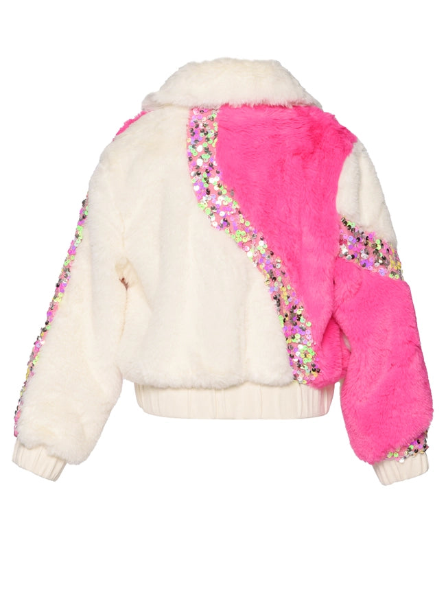 2-TONE Faux Fur Bomber Jacket w/ Sequin Detail-Jacket-Hannah Banana-12M-IVORY MULT-Urbanheer