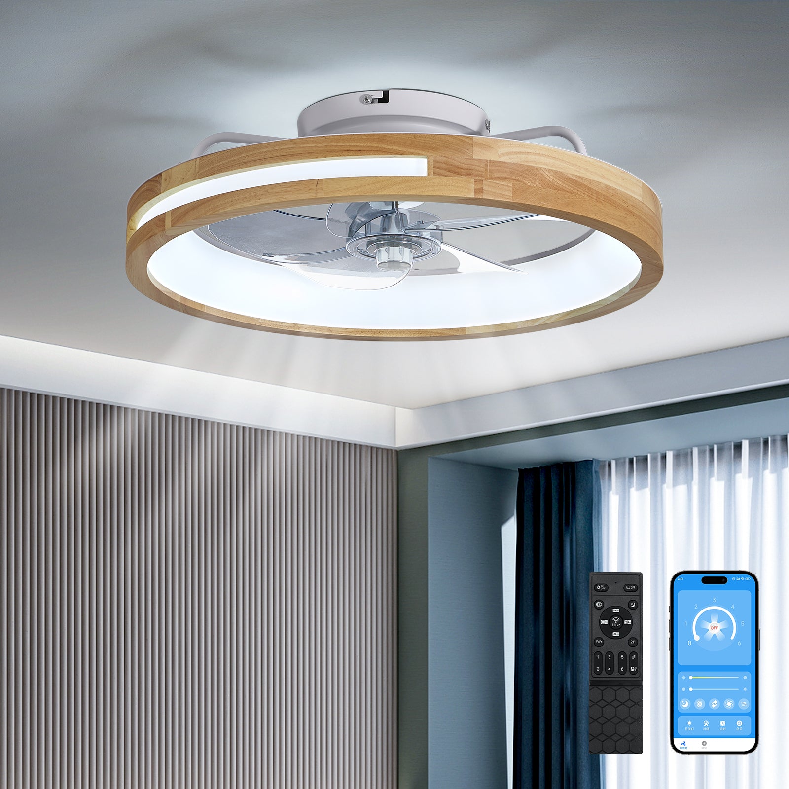 20 Inchs Ceiling Fans with Lights and Remote Low Profile Flush Mount Ceiling Fan with Light,3000-6000K LED Fan Lighting 6 Speed Reversible Quiet Wooden Small Fans and Light for Bedroom Kitchen
