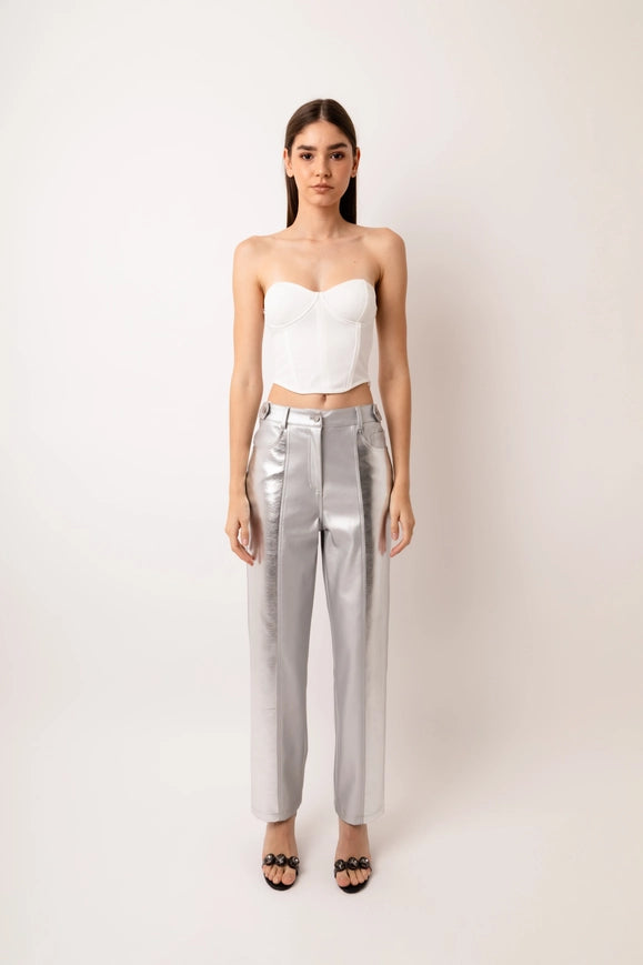 Lupe Faux Leather Metallic Straight Pant-Pants-Amy Lynn-S-SILVER-Urbanheer