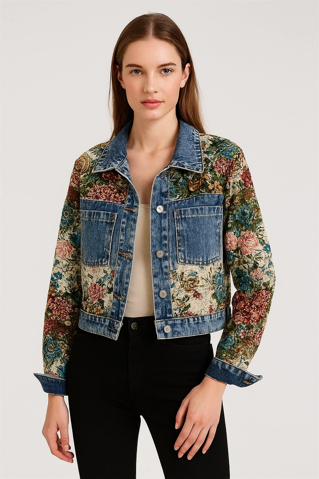 2025 Women's Cropped Denim Jacket with Floral Patchwork