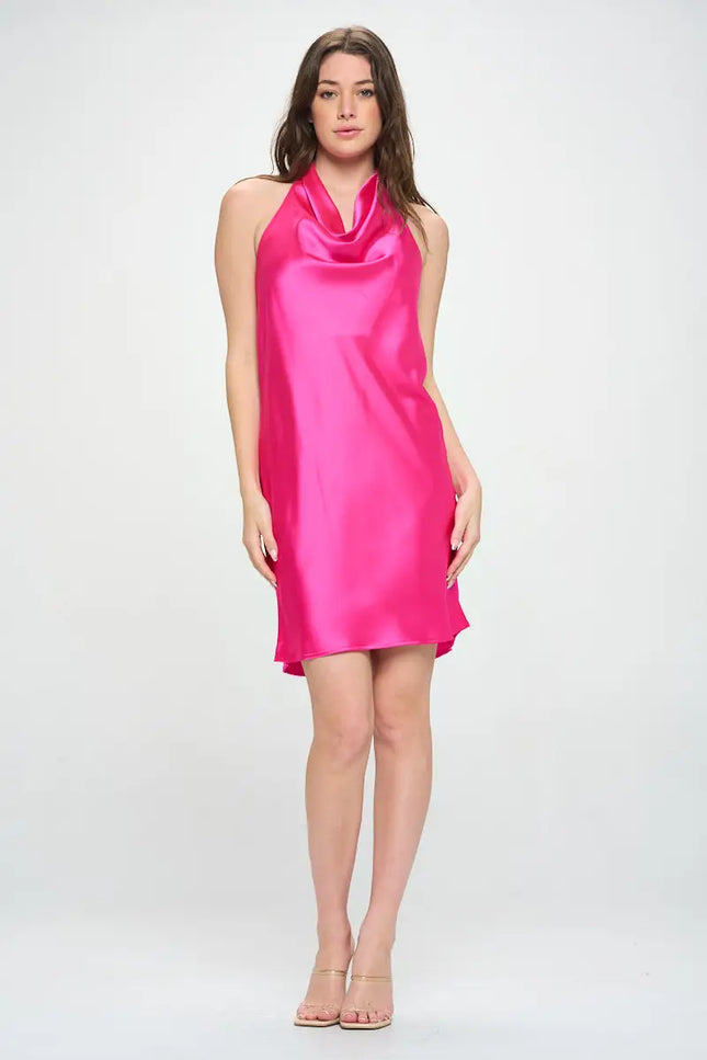 Silky Satin Cowl Neck Dress With Open Back - Fuschia-Clothing - Women-Renee C.-Urbanheer