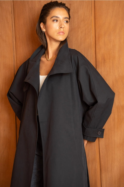Utility Oversized Long Belted Trench with Stand-Up Collar