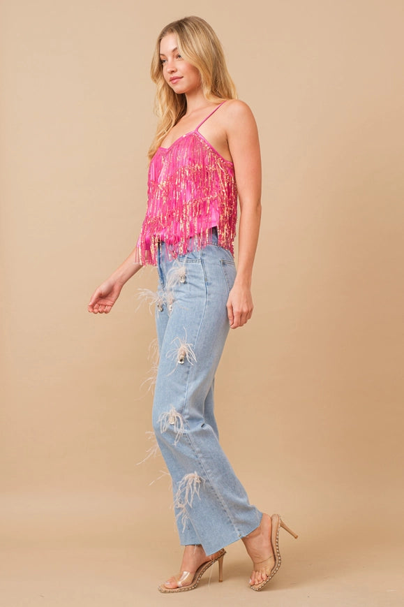 Feather Stone Embellished Mid Rise Denim Jeans