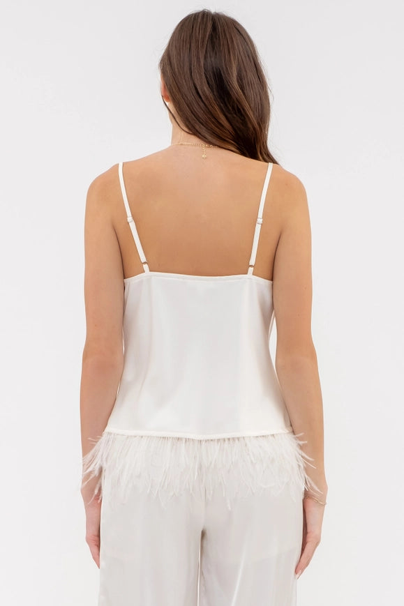 Cowl Neck Faux Feather Trim Cami Top IVORY-Top-Blu Pepper-IVORY-Urbanheer