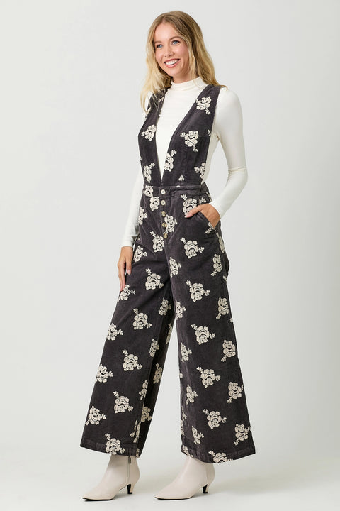 Embroidered Corduroy Jumpsuit - Black