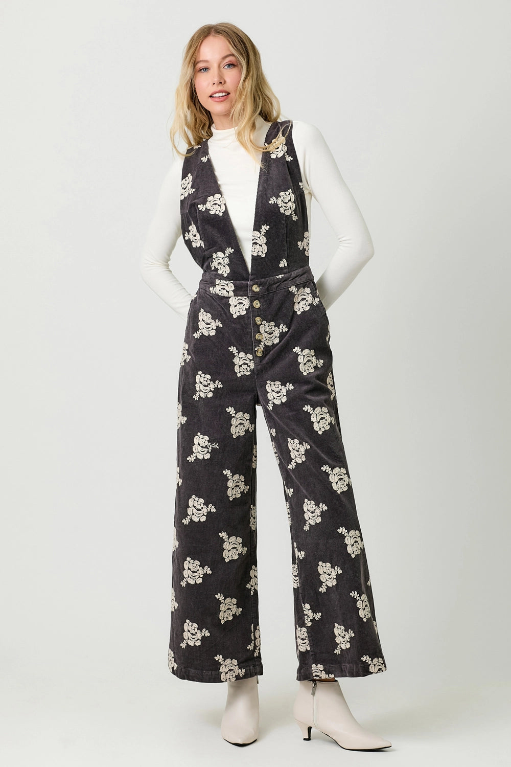 Embroidered Corduroy Jumpsuit Black