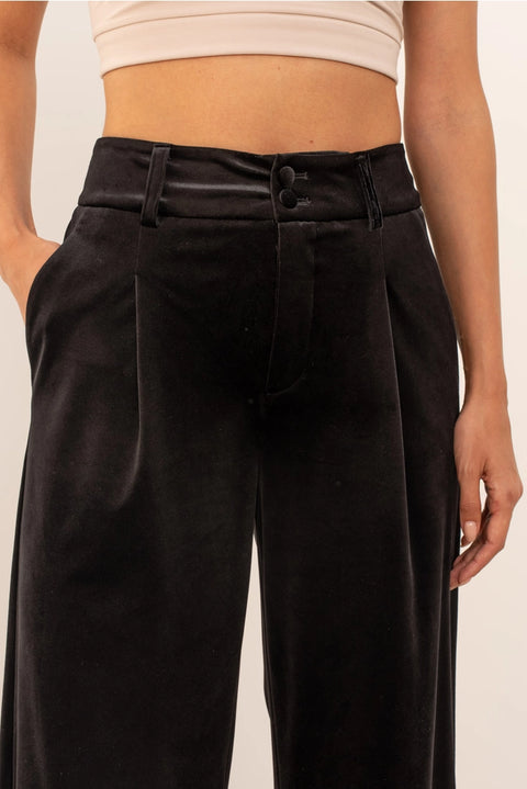 Wide Velvet Flowing Trousers with Double-Button Fastening