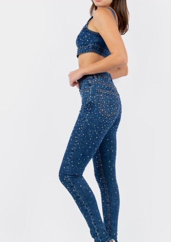 Set - Matching Set with Crop Top Rhinestones Dark Wash-Sets-LABIJOU-S-Urbanheer