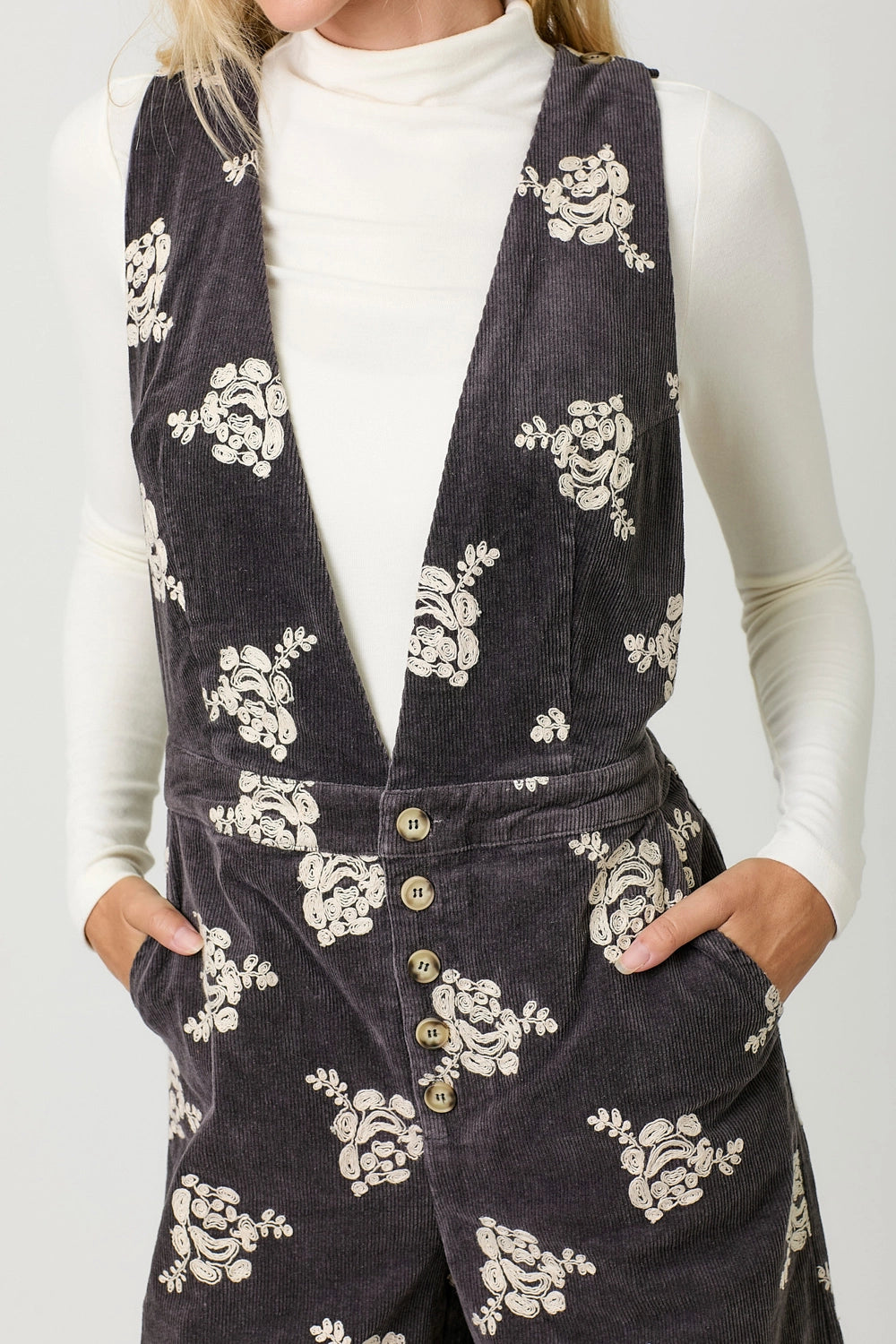 Embroidered Corduroy Jumpsuit Black