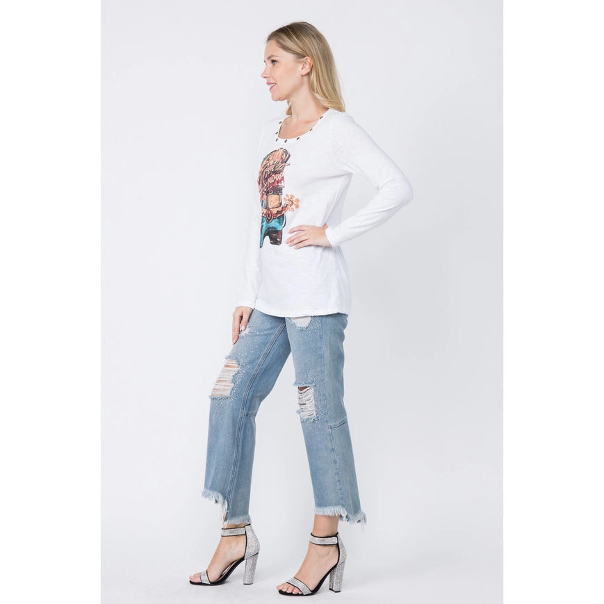 Western Style Long Sleeve Top with Eyelet Trim Off White-Top-Vocal-S-Urbanheer