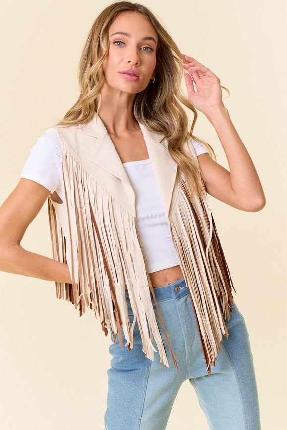 Cream Open Front Contrast Fringe Vest- Western Look-Jacket-Saints & Hearts-S-Urbanheer
