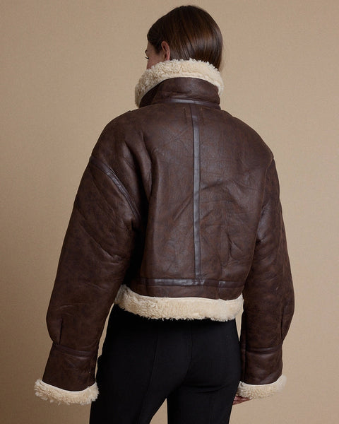 Vintage Faux Leather Sherpa Trim Aviator Jacket