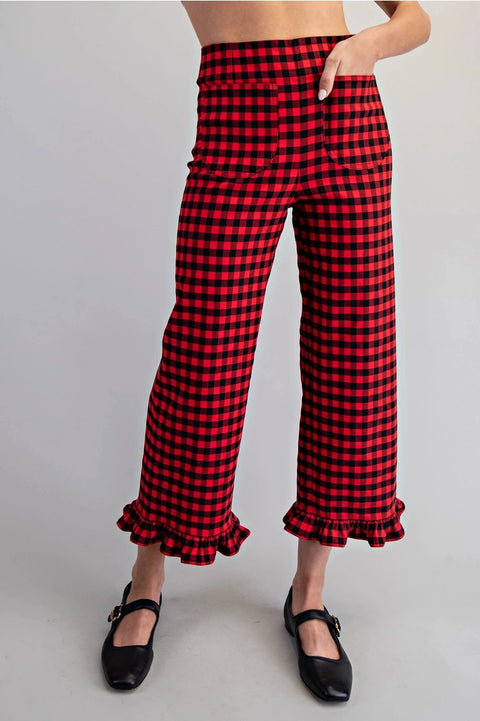 Gingham Ruffle Trim Straight Leg Pants