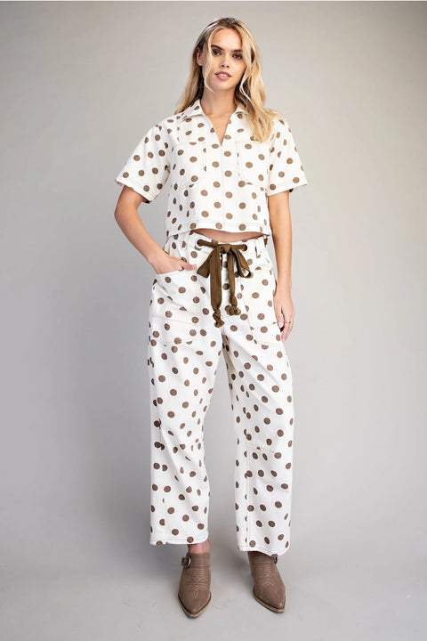 Polka Dot Front Tie Barrel Pants