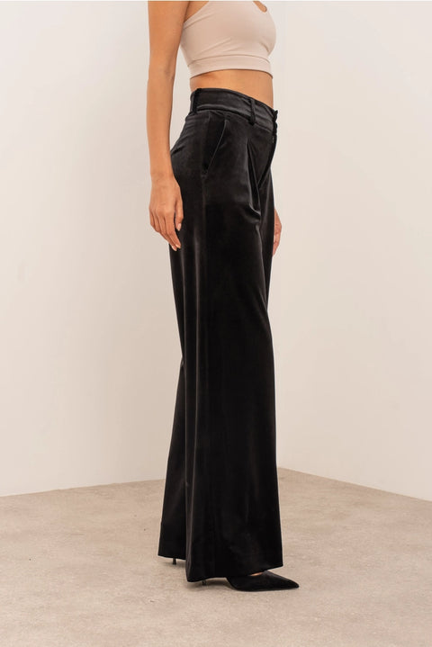 Wide Velvet Flowing Trousers with Double-Button Fastening