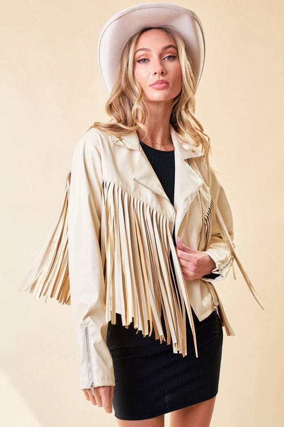 Cream Faux Leather Fringe Jacket with Gold Stars-Jacket-Saints & Hearts-S-Urbanheer