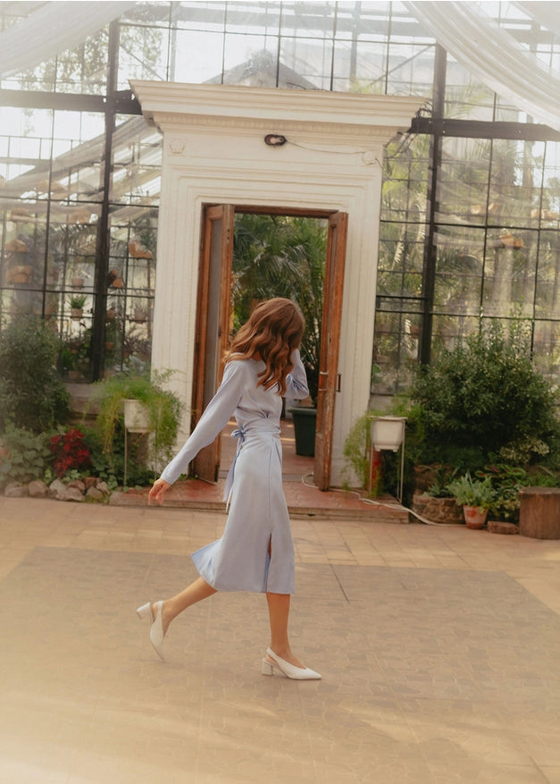 Sky Blue Wrap Tencel Belted Bridesmaid Dress For Women Long-Dress-Nich Linen-XXS-Urbanheer