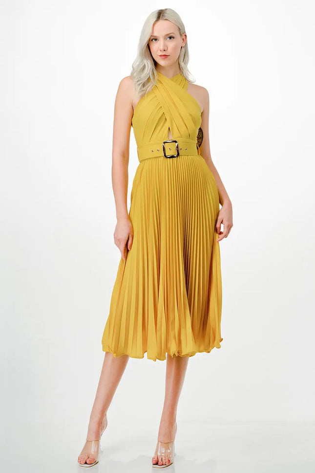 Cross Over Pleats Midi Dress- Mustard-Clothing - Women-Neon Blush-S-Mustard-Urbanheer