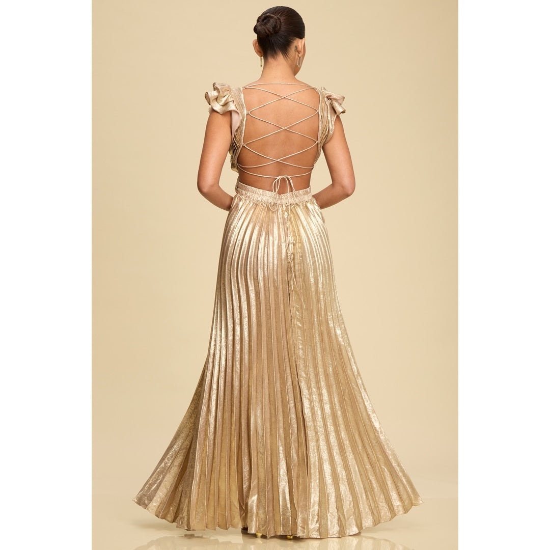 Metallic Pleated Maxi Dress