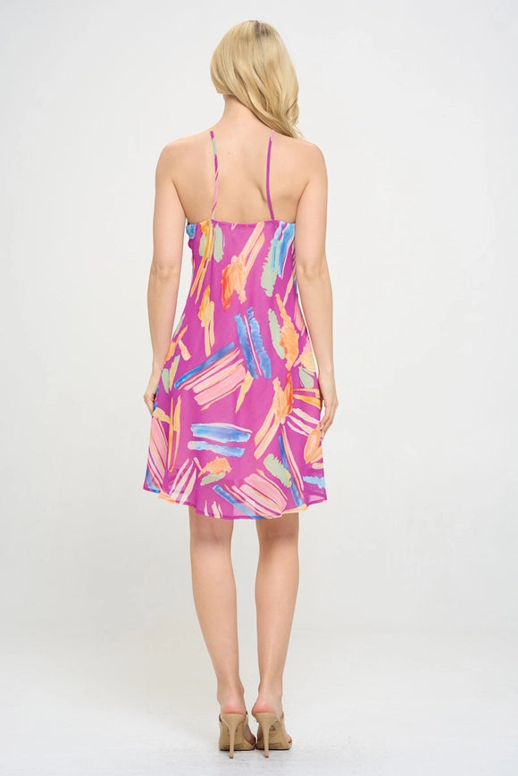 Print Halter Neck Swing Dress Magenta-Dress-Renee C.-Magenta-S-Urbanheer